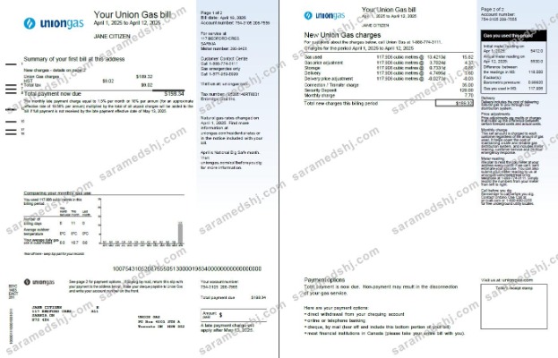 Canada Union Gas utility bill template in Word and PDF formats, 2 pages, version 2